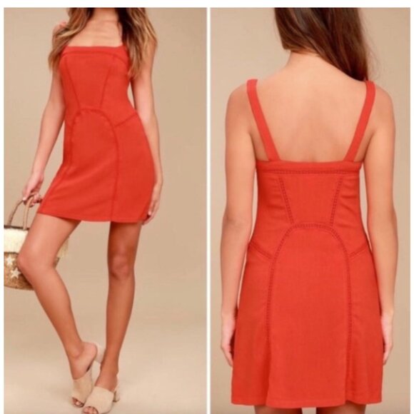 Free People Beyond Me Sheath Dress in Coral Red/Orange with Crochet Details. M - Picture 2 of 8